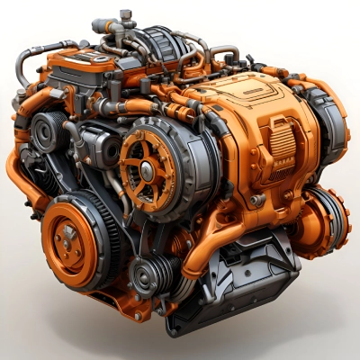 3d rendering orange car engine white background with shadow